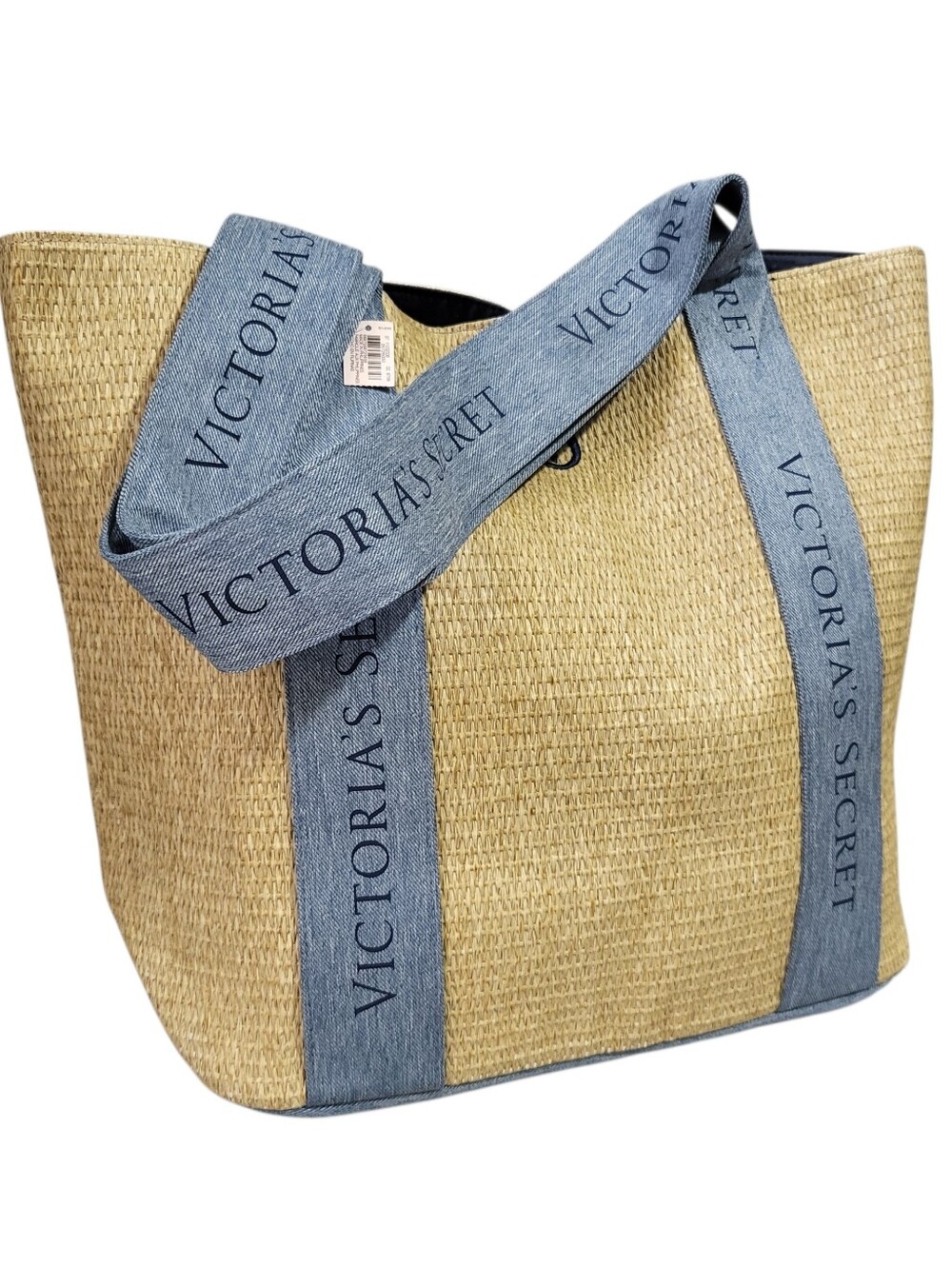 Victoria Secret Straw Tote Beach Summer Bag Denim Logo Straps Shopping Lined NWT